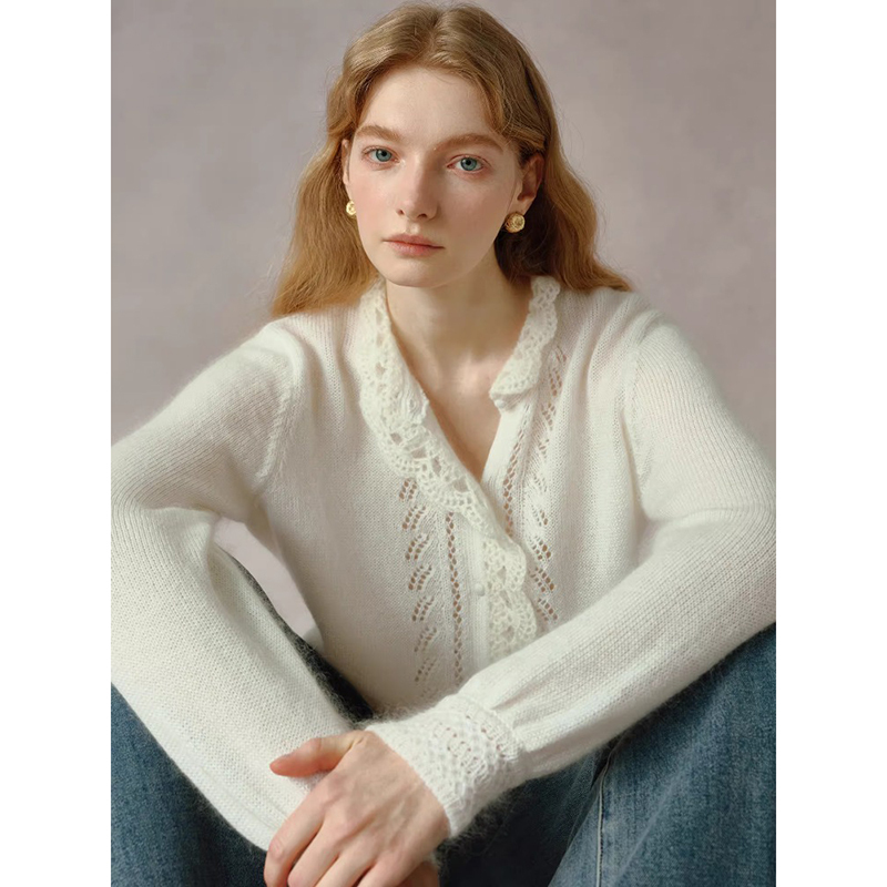 Spring New White French Mohair Hollow Crochet Knit Cardigan Sweater Thin Long-Sleeve Top