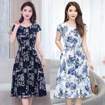 Middle-aged women fat mothers over-the-knee skirt mid-length middle-aged and elderly womens summer cotton silk dress 40-50 years old