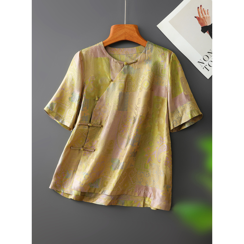 Chinese-Style Low-Key Old Money Style ~ Silk Mulberry Silk Song Brocade Round Neck Diagonal Placket Loose Chinese-Style Top for Women C00867