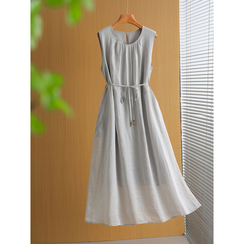 Casual Resort Style~100% Ramie Loose-Fitting Waist-Cinching Round-Neck Sleeveless Elegant Mid-Length Tank Dress F00251