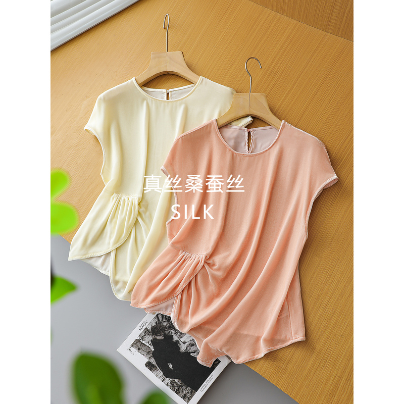 High-End Design Sense ~ Silk Mulberry Silk Velvet, Light Luxury Style, Asymmetrical Length, Round Neck Top for Women Sy0554