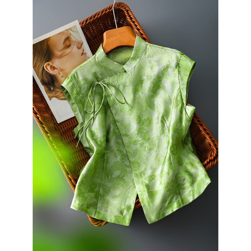 Chinese Style with a Beautiful Aesthetic ~ Heavyweight Silk Mulberry Silk Shimmering Silk Diagonal Placket Stand Collar Sleeveless Slim-Fit Top Sy0604