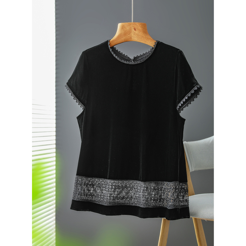 Luxurious and Beautiful! Silk Mulberry Silk Velvet Spliced Lace Mesh Round Neck Versatile Short-Sleeved Top for Women C00812