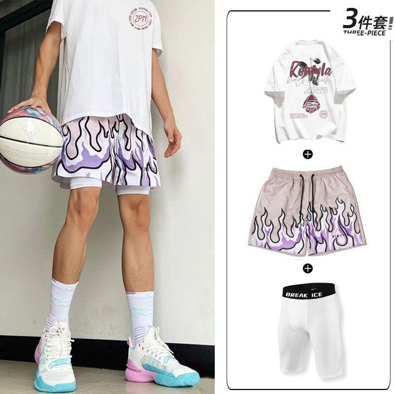 American-Style Flame Basketball Shorts for Men, Summer Ice Silk Quick-Drying Running Shorts, Training Pure Cotton Short-Sleeve Set