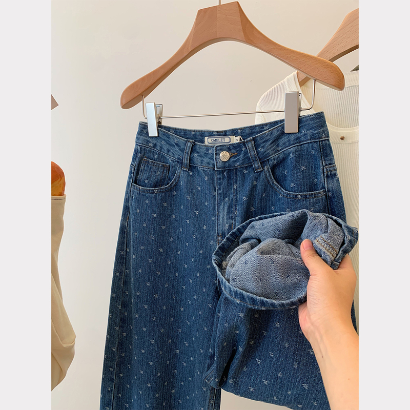Qian Wanli Blue All-Over Print Retro Floral Wide-Leg Loose Jeans for Women, Relaxed Style Straight-Leg Pants Qian Wanli Blue All-Over Print Retro Floral Wide-Leg Loose Jeans for Women, Relaxed Style Straight-Leg Pants