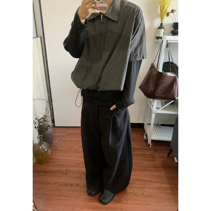 Gottarelax 25Ss Off-Shoulder Fine Plaid Silhouette Stand Collar Hem Drawstring Cardigan Short Sleeves