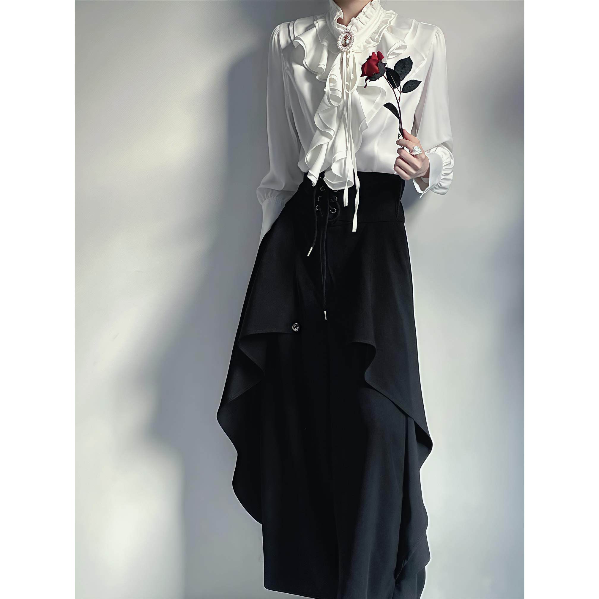 Dark-themed French court style retro stand-up collar ruffled long-sleeved shirt, unisex style with ribbon design