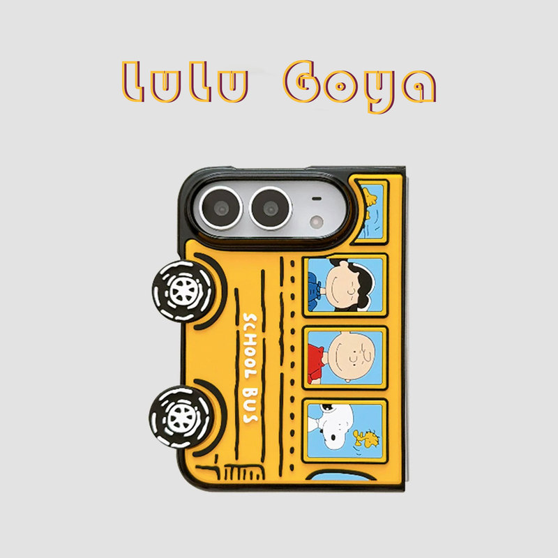 French Lulu Goya Fun Anime Cartoon Bus Suitable for iPhone Duo Phone Case New Three-Dimensional Apple Duo Wide Folding Screen Full-Cover Front Frame Matte Silicone Anti-Drop Protective Case for Women