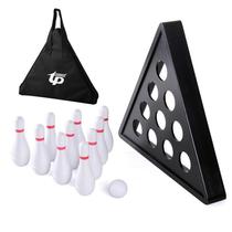 Solid wood bowling game set with shuffleboard table and tote bag