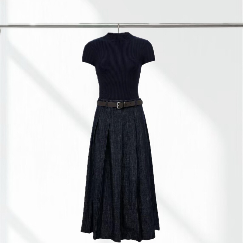 Same Style 2026 Autumn New Model Belt-Tied Half-High Collar Patchwork Short-Sleeve Long Dress Same Style 2026 Autumn New Model Belt-Tied Half-High Collar Patchwork Short-Sleeve Long Dress