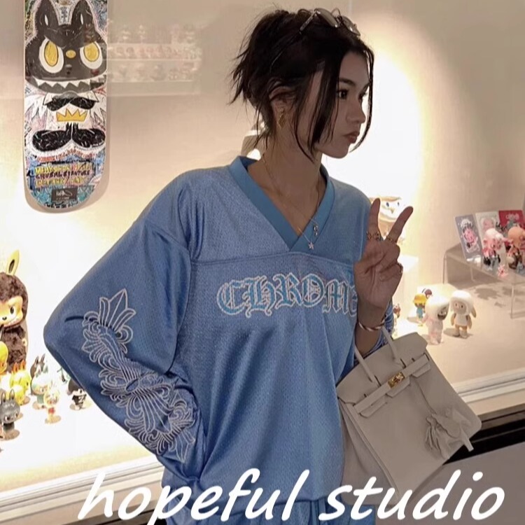 Hopeful Ceiling Star Style V-Neck Sanskrit Letter Mesh Fabric Long-Sleeve T-Shirt for Men and Women Couple Ice Hockey Uniform
