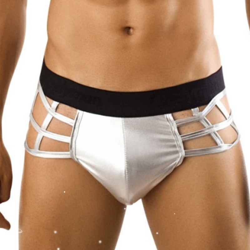 Men's Patent Leather Underwear, Sexy Mid-Waist Hollow-Out Plaid Thong, Men's Nightclub Stage U-Convex Glossy Leather T-Pants
