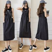 Fat Sister Loose Suspender Dress Womens 2024 Plus Size Age Reduction Waist Straps Denim Long Skirt Summer A-Line Trendy