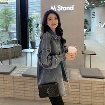 2022 spring denim jacket for women Korean style retro design fungus edge lapel BF style long-sleeved shirt trendy