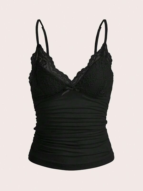 Sexy Black Contrast Lace Bow Front Crop Cami Top Women 2024