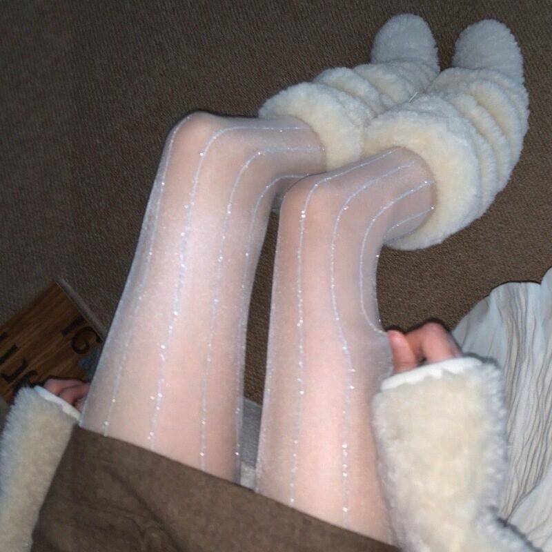 Silver Thread White Silk Sexy Stockings~2026 New Miu Transparent Shiny Socks Sexy Stockings Furry Boots for Mature Women