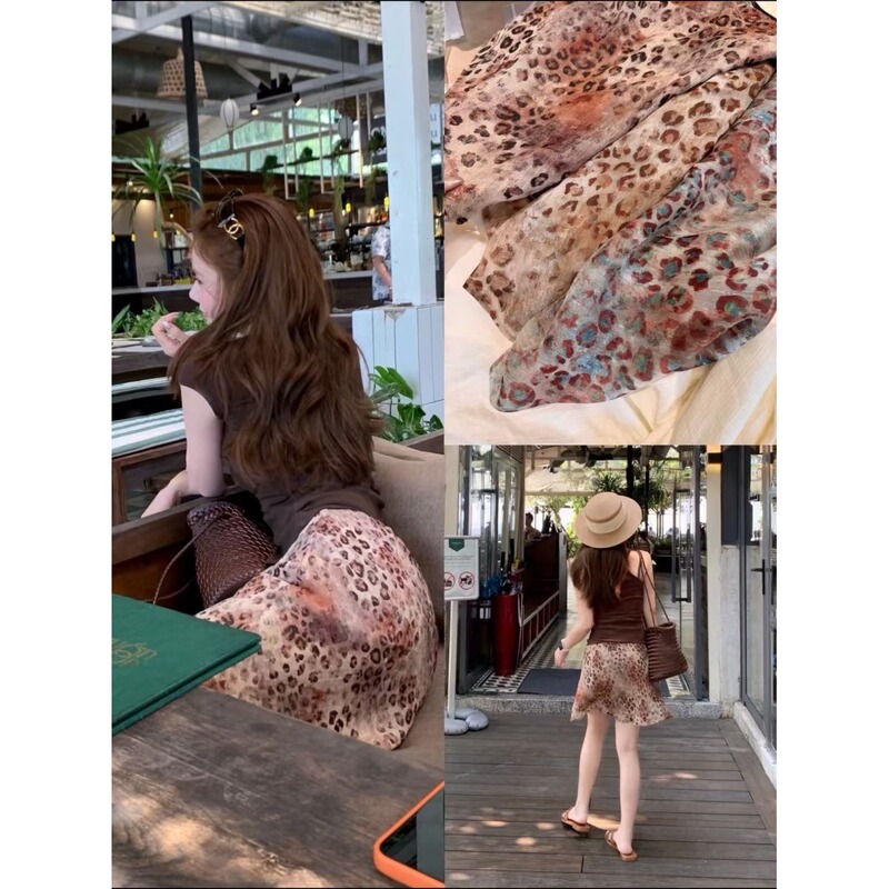 Correct Version】Leopard Aesthetic Becomes the Center of Attention, Slimming Gold Silk Chiffon Leopard Print Elegant Spring and Summer Midi Skirt and Short Skirt