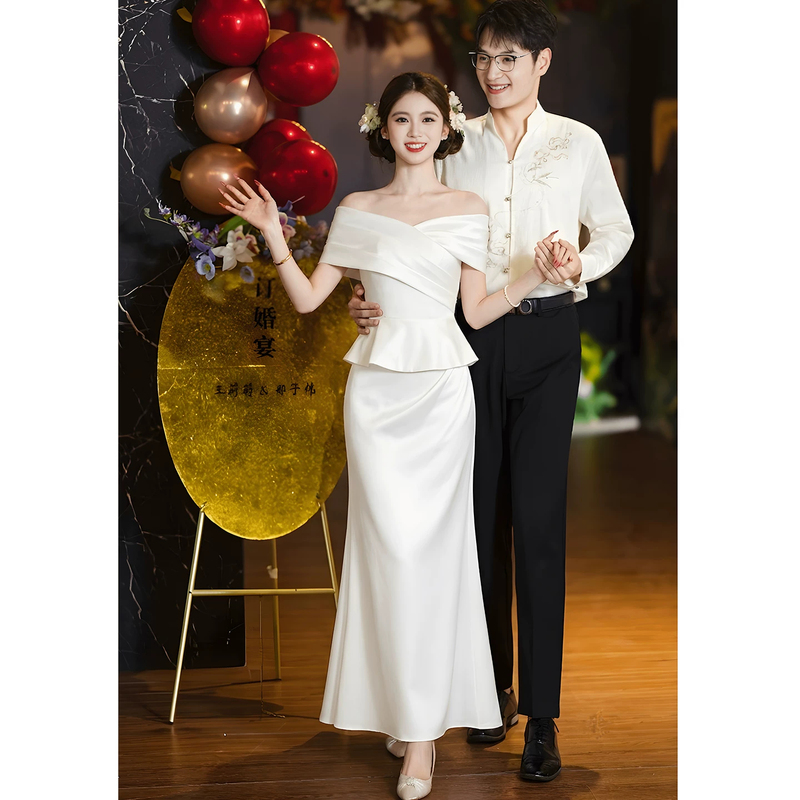 One-Shoulder White Engagement Dress for the Bride, New 2026 Model with a High-End Feel, Suitable for the Wedding Registration and Post-Wedding Reception