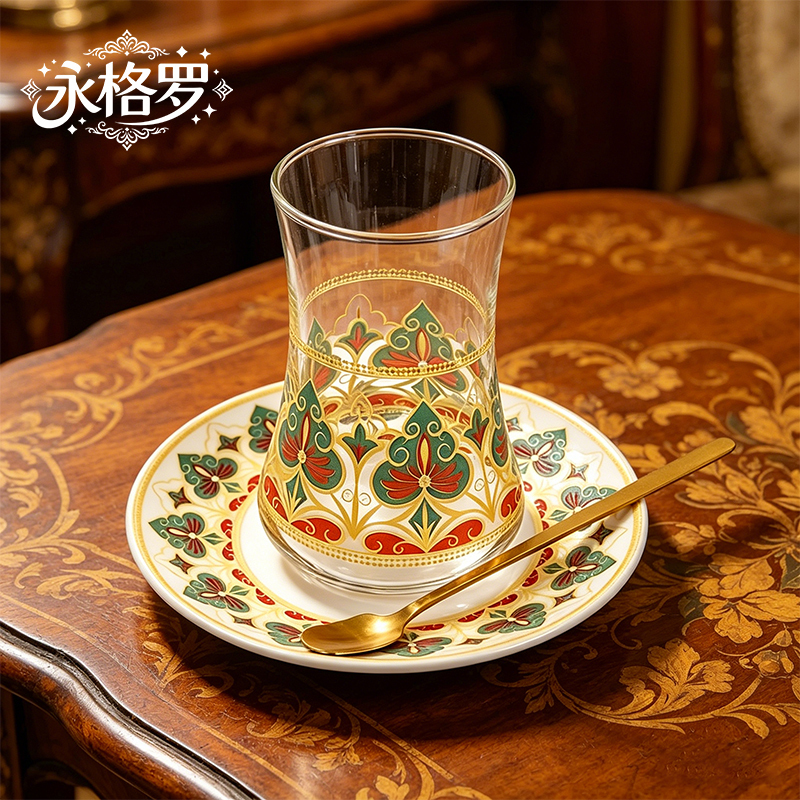 Romantic Exotic Style Tea Cup Blue and Gold Turkish Flower Tea Cup and Saucer Set Coffee Cup Glass Cup Spoon Gift Box