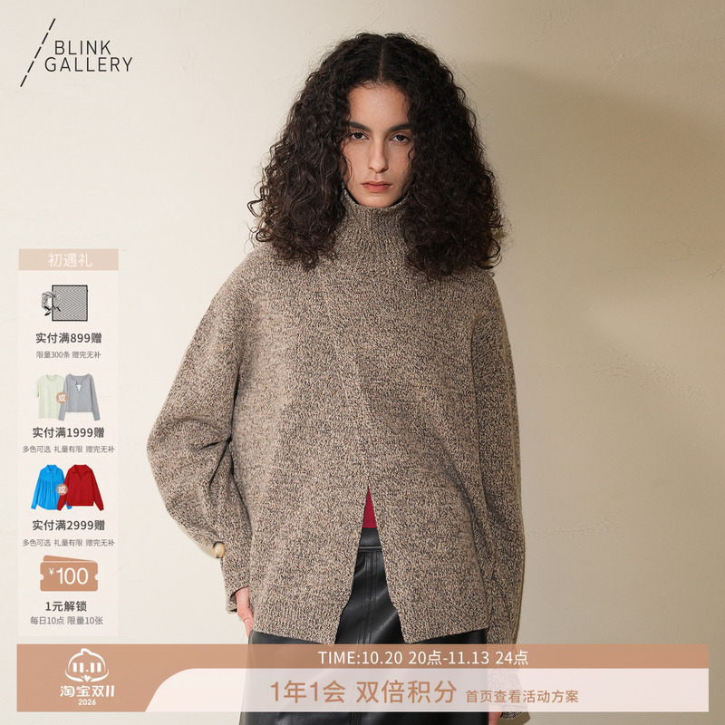 Blink/100% Australian Merino Wool Front Slit Turtleneck Floral Yarn Sweater Pullover Reversible