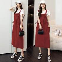 Fat Sister Loose Suspender Dress Womens 2024 Plus Size Age Reduction Waist Straps Denim Long Skirt Summer A-Line Trendy