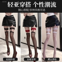 Red edge black fake suspenders over knee high stockings female sexy internet celebrity lace bow thigh stockings ultra-thin