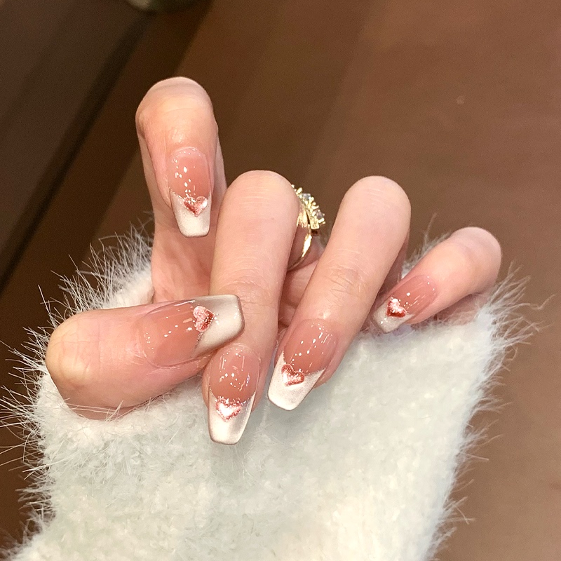 Ks Pure Handmade French-Style Heart-Shaped Wearable Nails, Short Manicure, High-End Exquisite New Style, High-Class Pure Desire Nail Patches