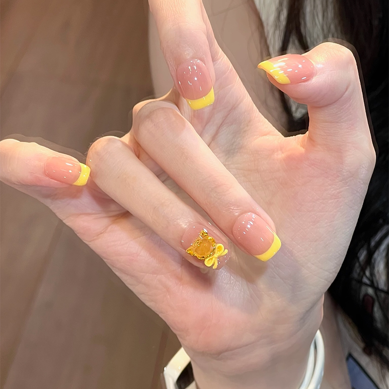 Ks Lucky Cat Nail Art Short Style New High-End Handmade Yellow French Nude Manicure Light Luxury Nail Tips Ks Lucky Cat Nail Art Short Style New High-End Handmade Yellow French Nude Manicure Light Luxury Nail Tips