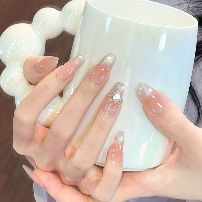 Ks Wearable Nails Medium Length New Style High-End Handmade Nail Art Nude Color Cat Eye Almond Shape Brightening Exquisite Finished Nail Tips