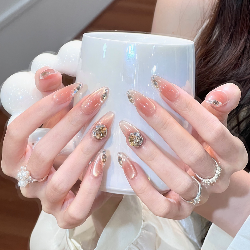 Ks Nail Wearable Nails Medium Length 2025 New Style High-End Handmade Nude Color Whitening Cat Eye Almond Nail Stickers