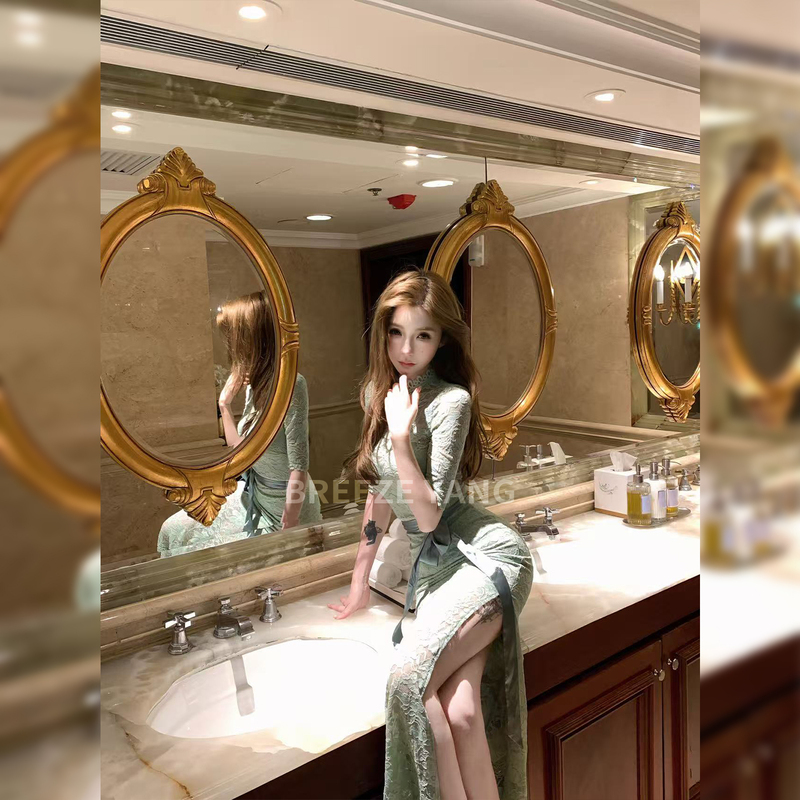 Xiaoyangjia【Celadon Lace】Elegant Gray Green Lace Mid-Sleeve Stand Collar Slit Waist Slimming Dress N