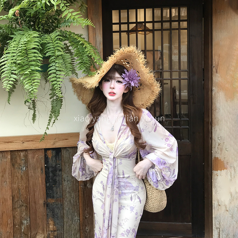 Xiaoyangjia【Mist Purple Flower Message】Spring New Style Waist-Cinching Slimming Dress Set for Travel Photography L Xiaoyangjia【Mist Purple Flower Message】Spring New Style Waist-Cinching Slimming Dress Set for Travel Photography L