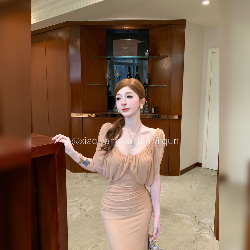 Xiaoyangjia【Nude Color Dream】Summer New Style Pure and Alluring Sheer Pleated Waist-Cinching Slimming Dress That Enhances the Figure Xiaoyangjia【Nude Color Dream】Summer New Style Pure and Alluring Sheer Pleated Waist-Cinching Slimming Dress That Enhances the Figure