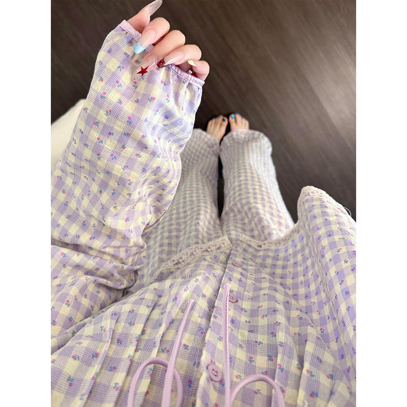 Korean Uamtor Sweet and Lazy Style Purple Pajamas for Women, Autumn Style, Doll Collar, Long-Sleeved Home Wear Set, Can Be Worn Outside