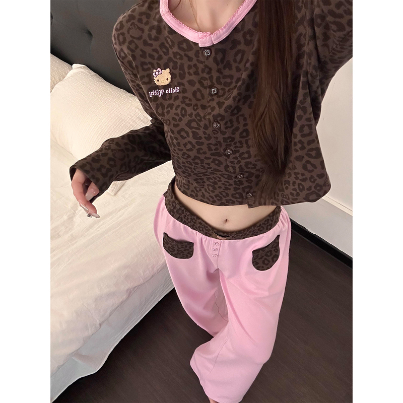 Korean Uamtor American-Style Spicy Girl Leopard Print Black Leather Cartoon Cat Print Pajamas for Women 2026 Autumn New Loungewear