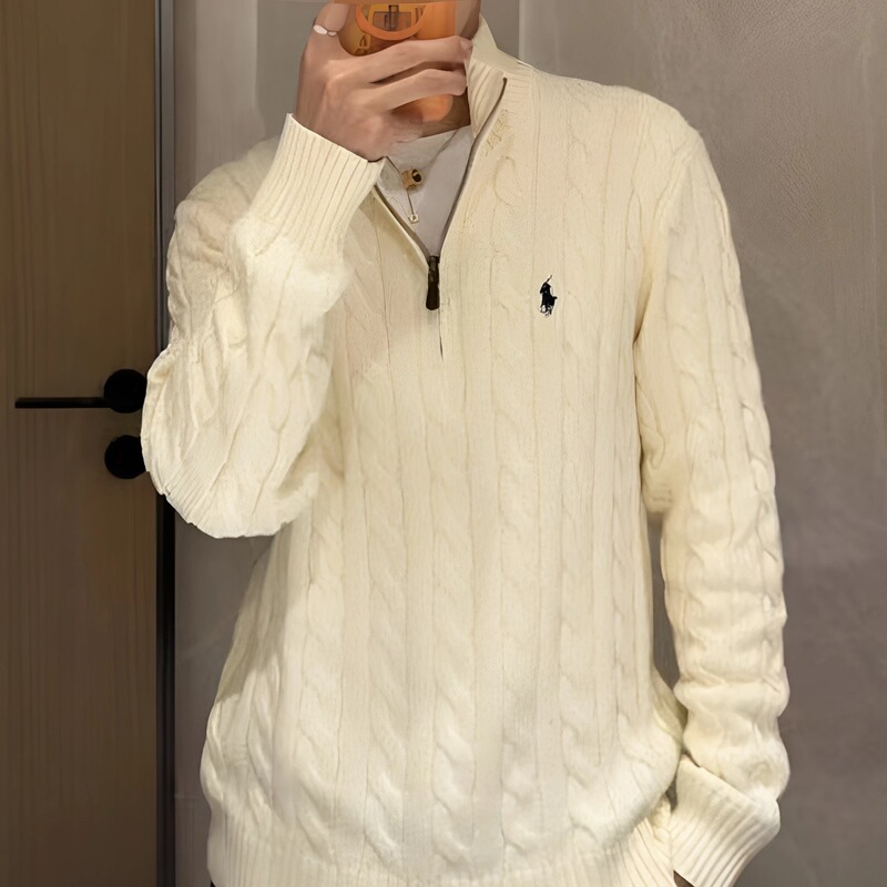 Ralph Lauren Men's Pure Cotton Half-Zip Cable Knit Sweater Trendy Brand Loose Thick Casual Pullover Sweater Ralph Lauren Men's Pure Cotton Half-Zip Cable Knit Sweater Trendy Brand Loose Thick Casual Pullover Sweater