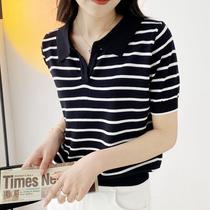 New spot quick-release spring and summer striped womens POLO shirt ice silk age-reducing lapel pullover sweater contrasting V-neck