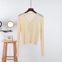 Cardigan top slightly see-through lace autumn minimalist bow deer Western Korean style sexy niche bamboo linen lace-up rope