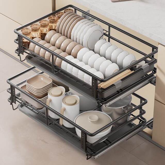 Draw basket kitchen cabinet bowl basket double-layer drawer rack storage bowl dish seasoning seasoning built-in cabinet storage basket