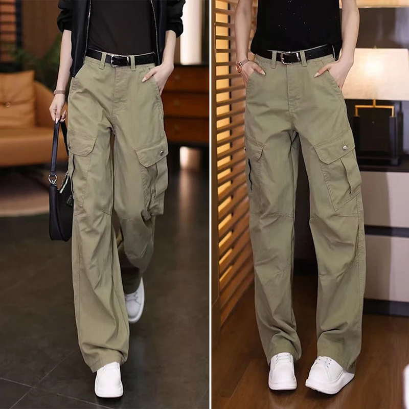 Cool and Stylish Military Green Denim Work Pants for Women, 2026 New Spring/Summer American Style High-Waisted Loose Casual Wide-Leg Pants