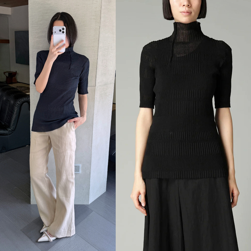 What a Wonderful Word "Elegant" Is~ Yamamoto Ys Super Elastic Relaxed Ribbed Half-High Collar Mid-Sleeve Knitwear 60