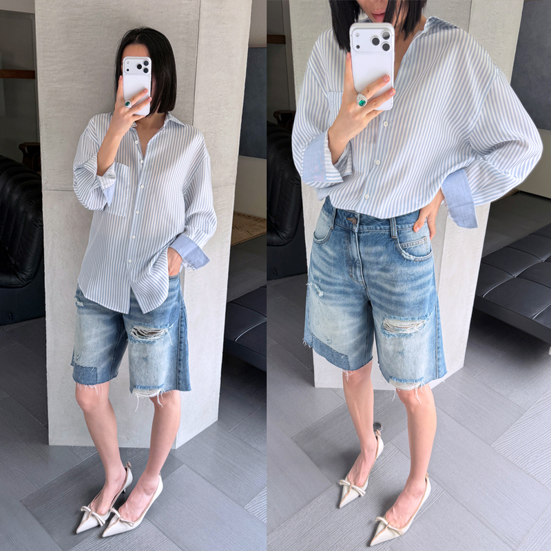 Invincible Lover Gao Yuanyuan's Same Style Poster Version~19Mm Silk Striped Silhouette Shirt, Retail Price 2399 74