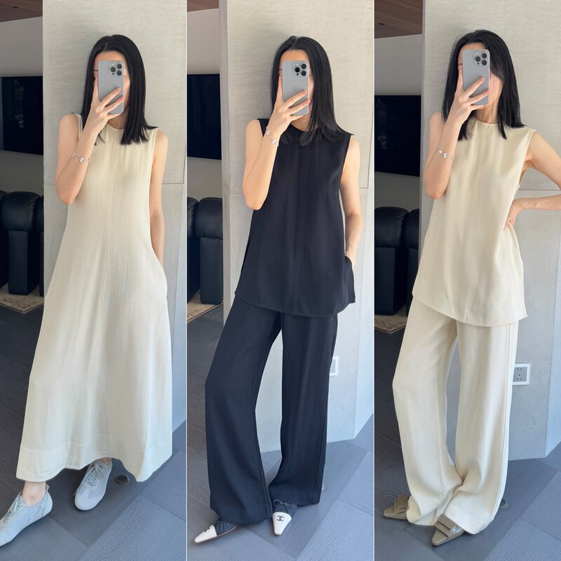 Smooth and Refreshing Cleanfit Slimming Set! Tt Viscose Linen Textured Tank Top/Long Pants 57/Dress