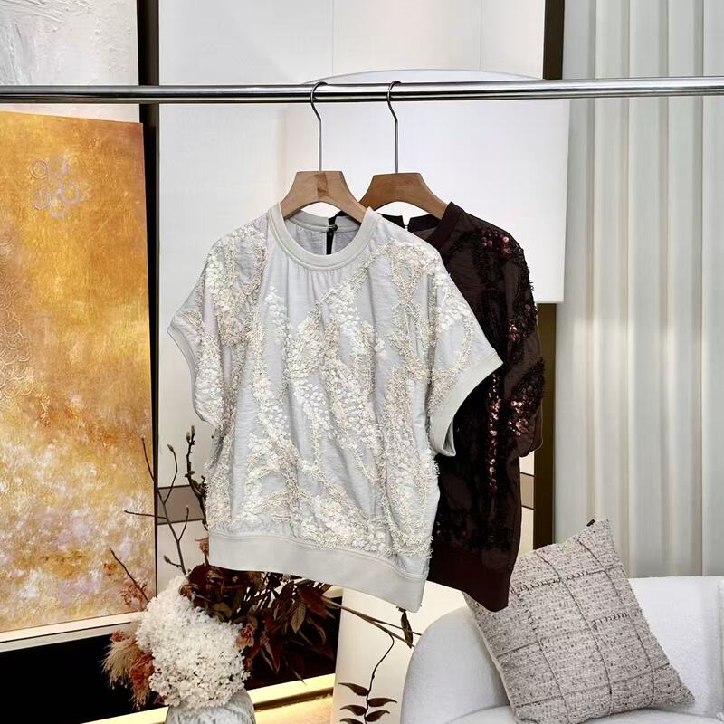 [Exclusive for Yan Yan Fans] Heavy-Duty Three-Dimensional Tassel Sequin Round Neck Short-Sleeve Top Onst04666721