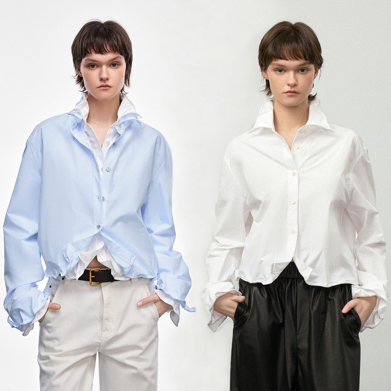Huajiyan [Twist Fun] Wavy Edge Adjustable Design Loose Short Shirt for Women, Versatile Spring Top