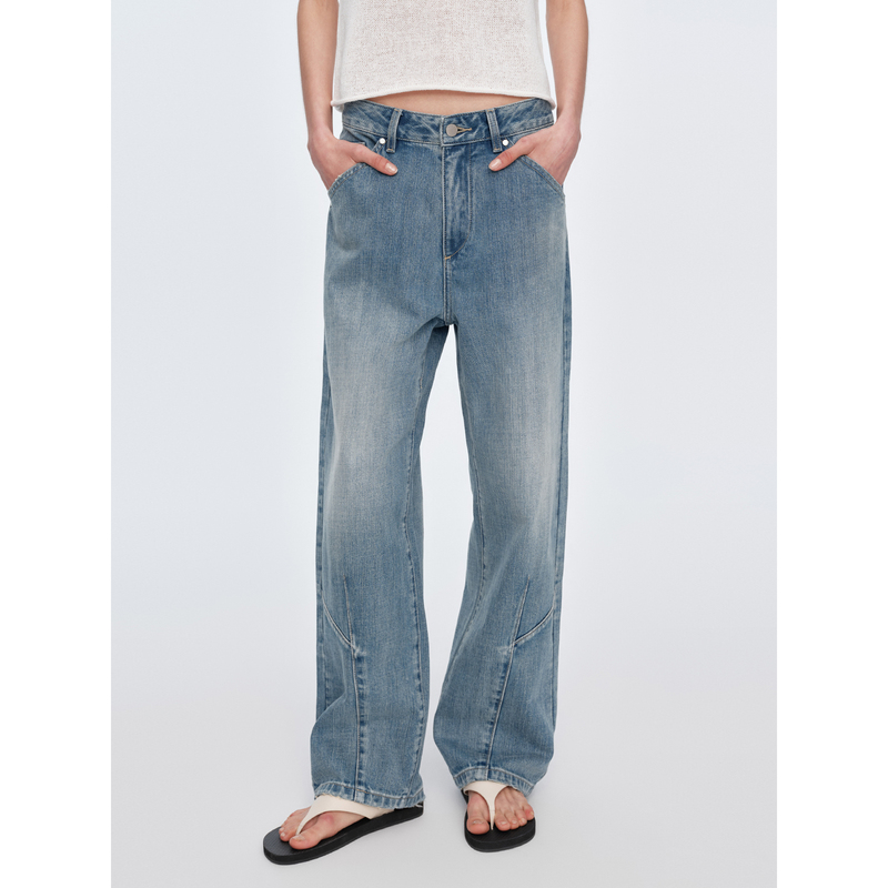 Huajiyan [Tree Branch Denim] Japanese Imported 100% Cotton Distressed Faded Straight-Leg Denim Pants