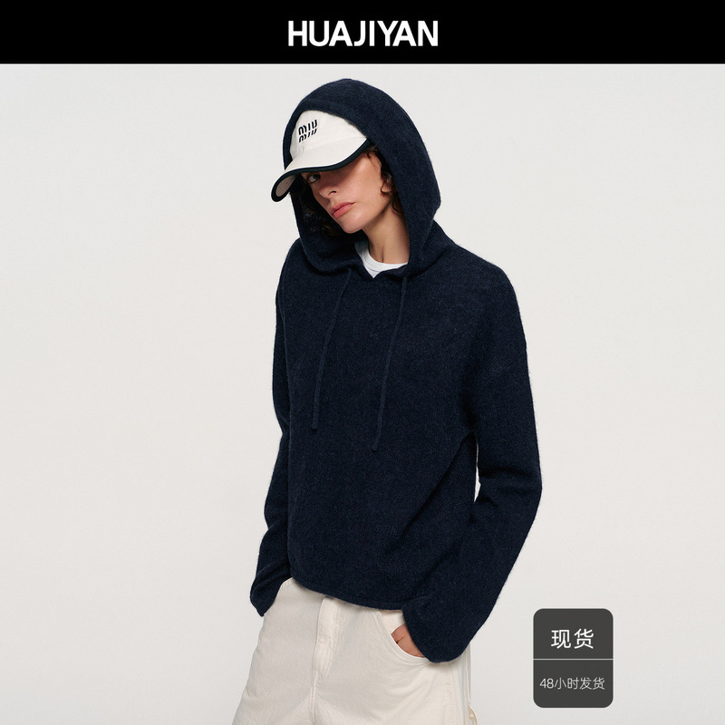 Huajiyan [Long Night] 100% Yak Wool Small V-Neck Simple Hooded Long-Sleeve Knitted Sweater 2026 Winter