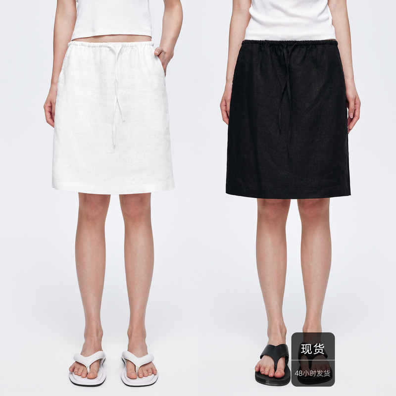 Huajiyan [Madao Skirt] 100% Linen Drawstring Elastic Waist Design Straight Loose Fit Half Skirt