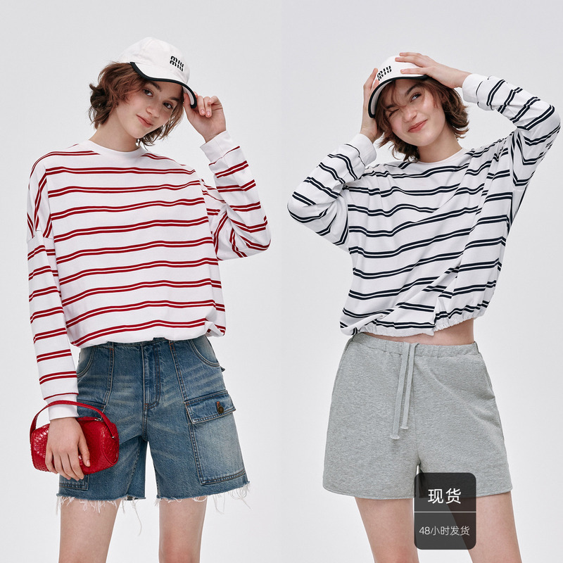 Hua Jiyuan [Sailor's Diary] Round Neck Drop Shoulder Striped Long Sleeve T-Shirt Women's Drawstring Hem Sweatshirt Autumn Top
