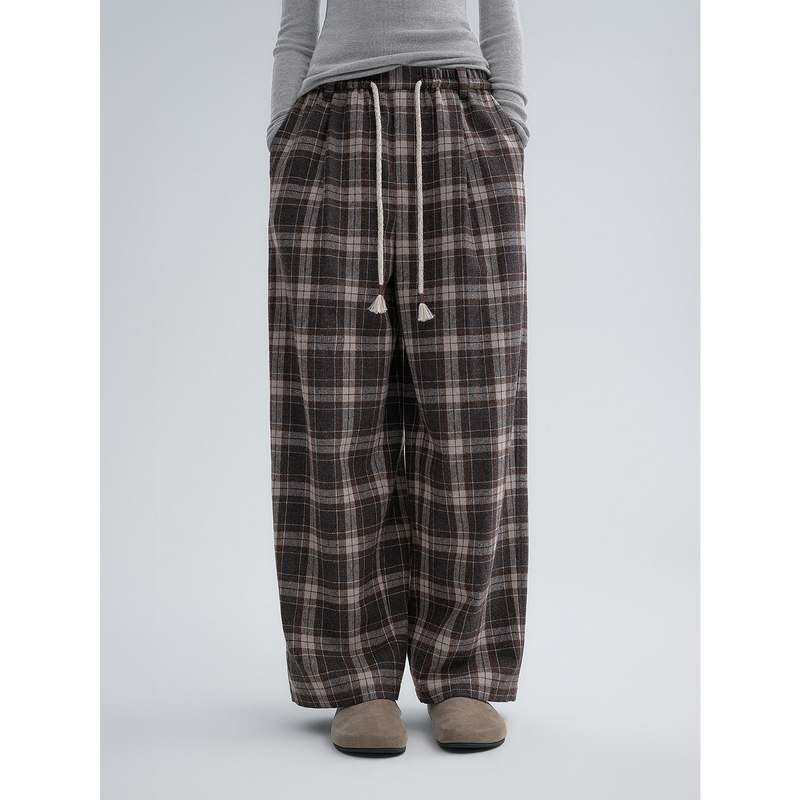 Huajiyan [Plaid Pants] Classic Wool Plaid Tassel Drawstring Elastic Waist Wide-Leg Pants